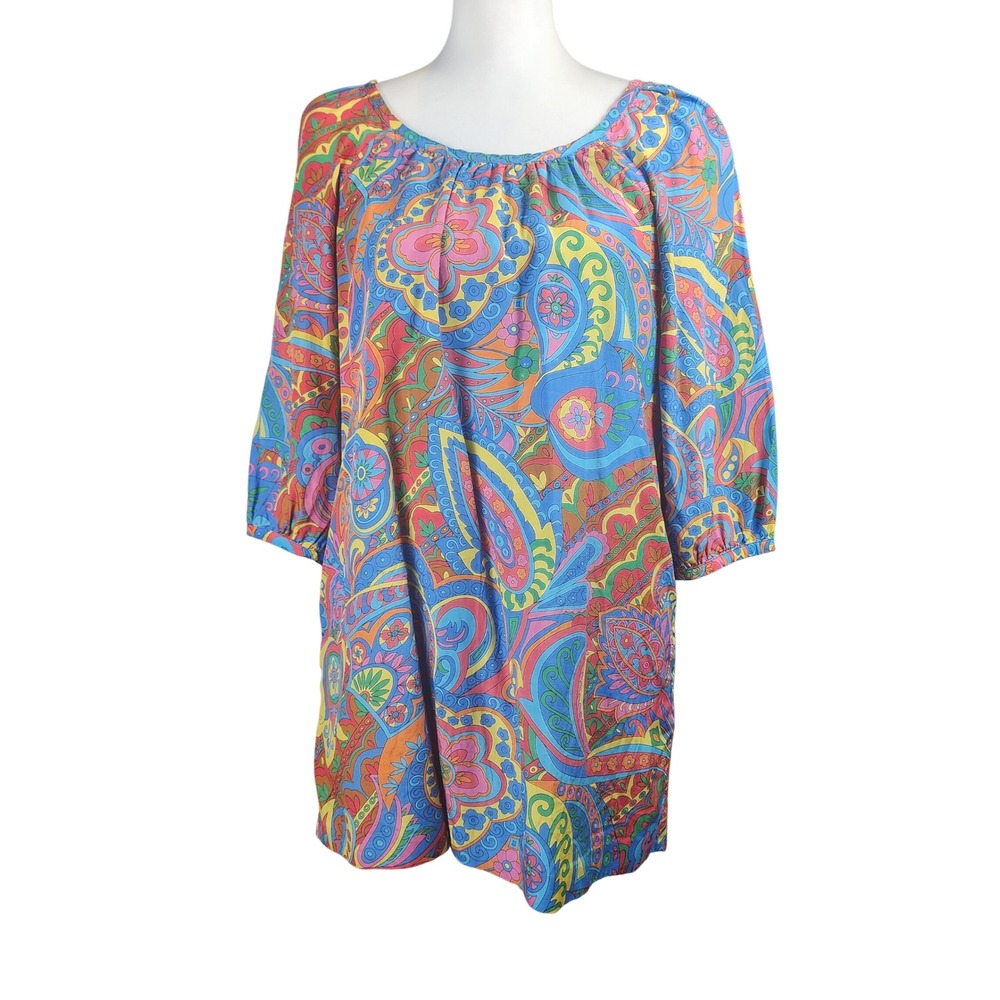 Tibi New York Silk Blend Paisley Shift Dress Tunic Top Womens 6 Blue Pink Boho